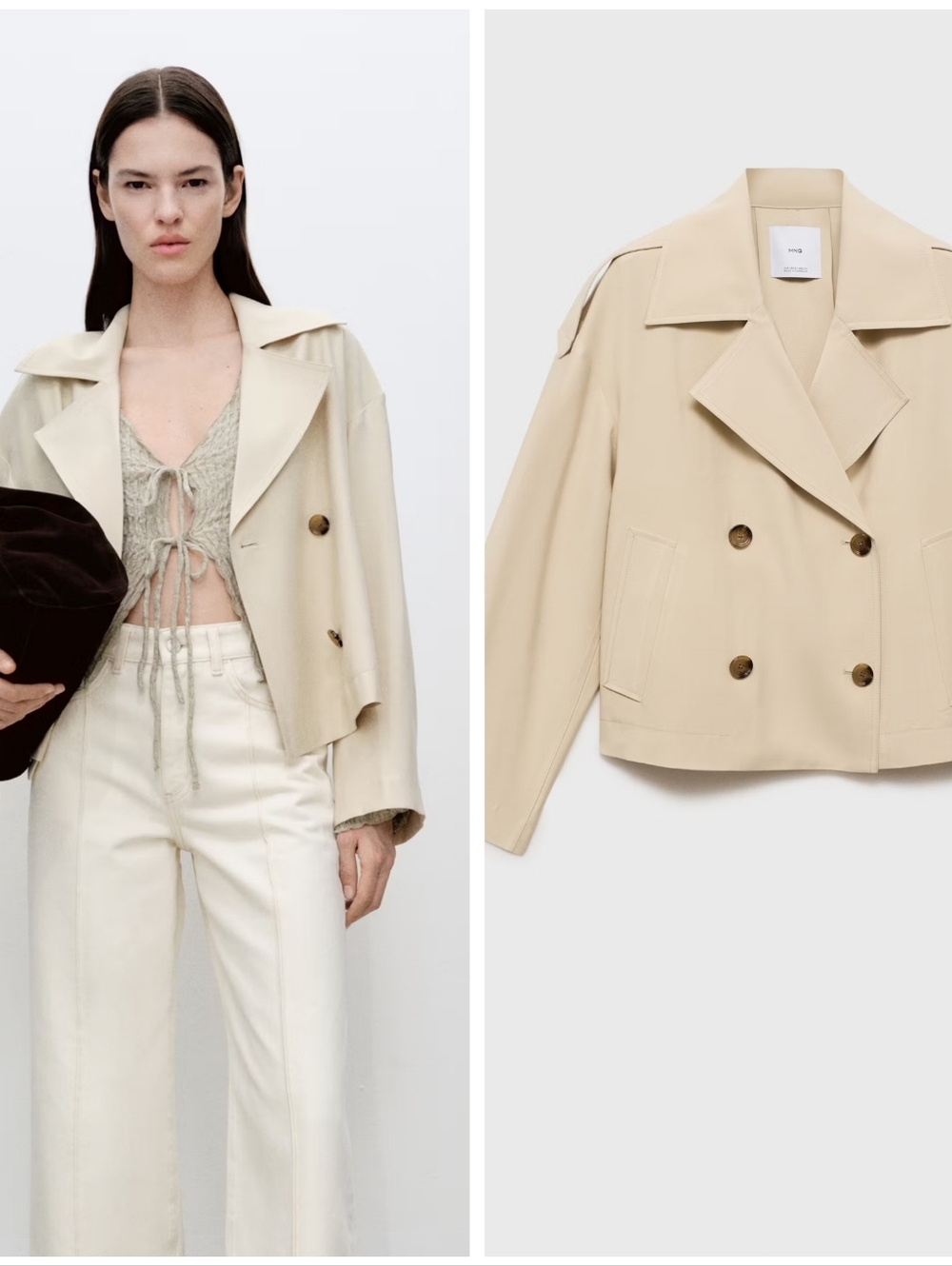 Mango Cropped Double-Breasted Trench Jacket in Beige